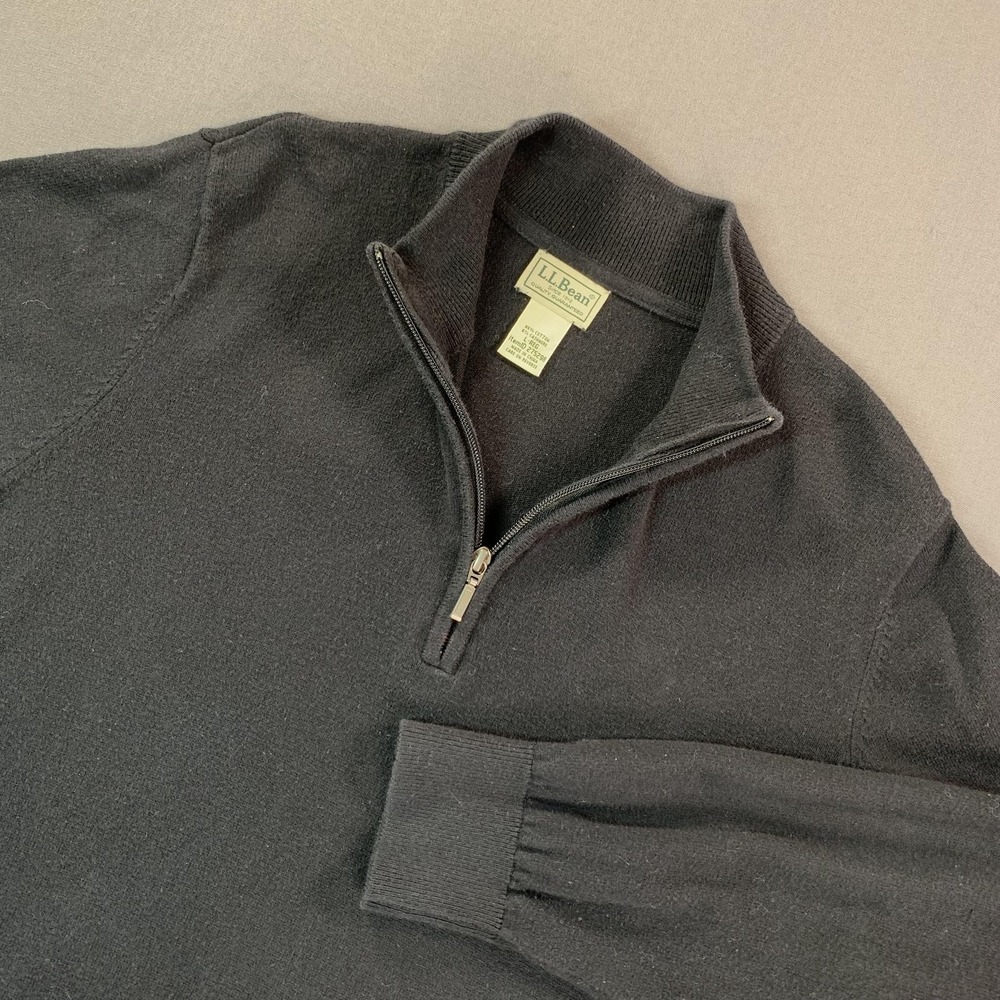 LL Bean Sweater Men LG Cashmere Blend Black 1/4 Zip‎ Mock Neck Cotton Pullover